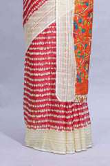 Red colourshibori printed marsh mellow saree with contrast border and matching printed blouse