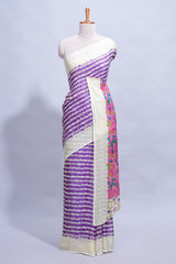Purple colourshibori printed marsh mellow saree with contrast border and matching printed blouse