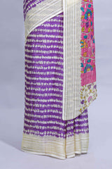 Purple colourshibori printed marsh mellow saree with contrast border and matching printed blouse