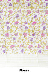 Purple colourshibori printed marsh mellow saree with contrast border and matching printed blouse