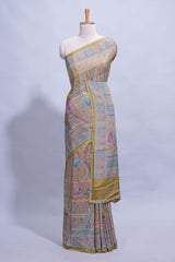 Olive green mughal printed marsh mellow saree with self border and self printed pallu along with matching blouse