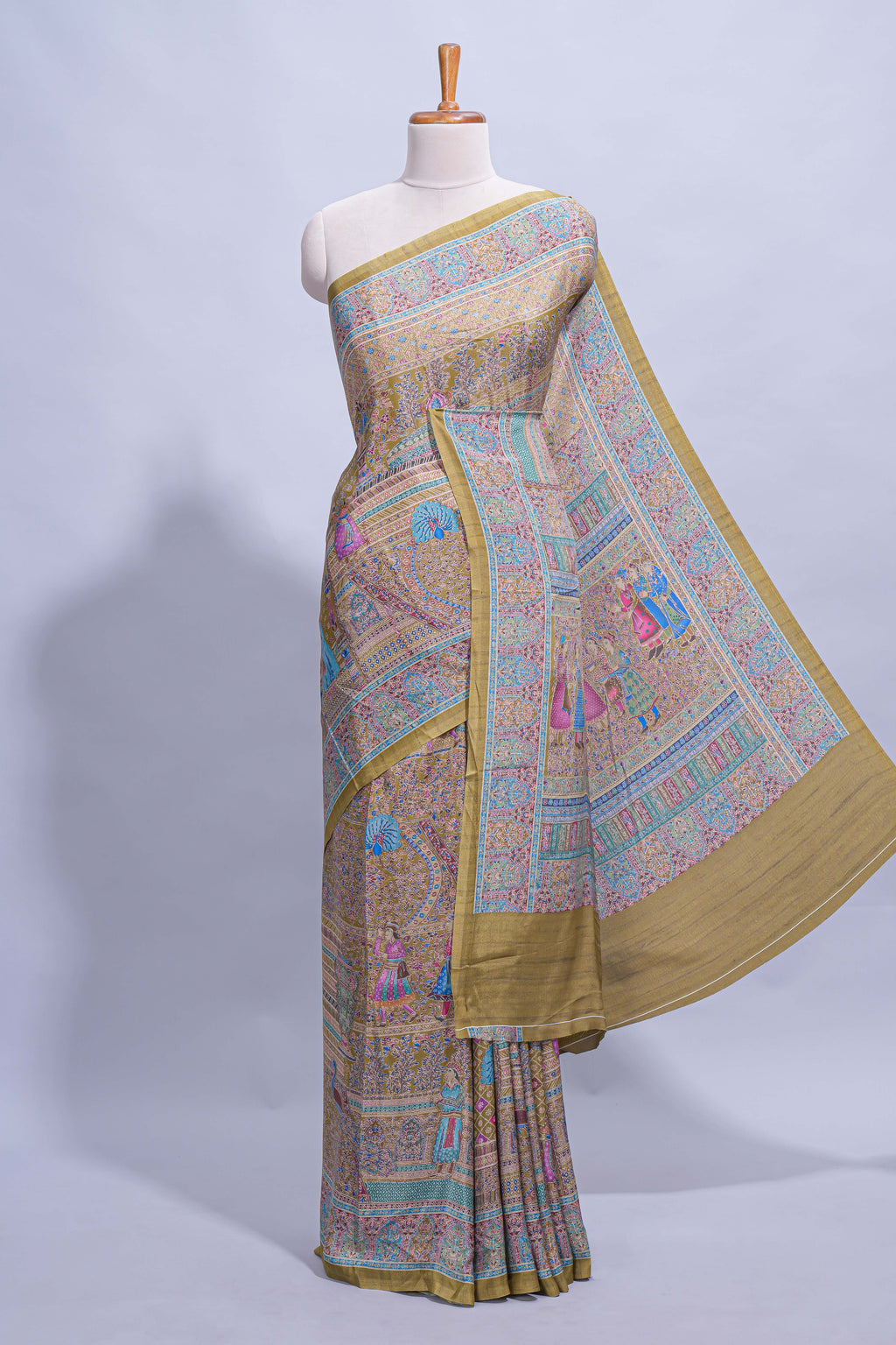 Olive green mughal printed marsh mellow saree with self border and self printed pallu along with matching blouse