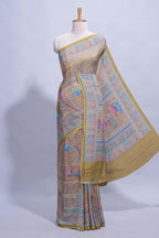 Olive green mughal printed marsh mellow saree with self border and self printed pallu along with matching blouse