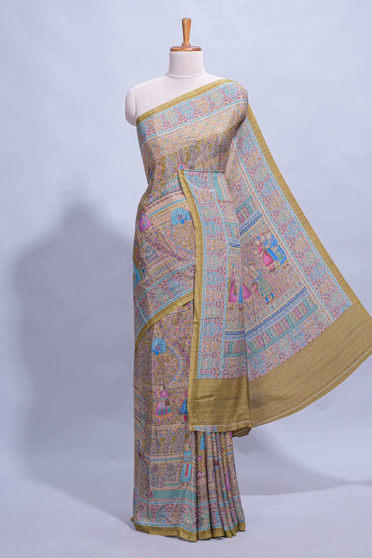 Olive green mughal printed marsh mellow saree with self border and self printed pallu along with matching blouse