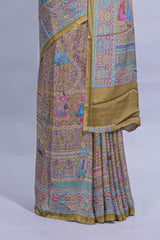 Olive green mughal printed marsh mellow saree with self border and self printed pallu along with matching blouse