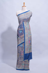 Royal blue mughal printed marsh mellow saree with self border and self printed pallu along with matching blouse