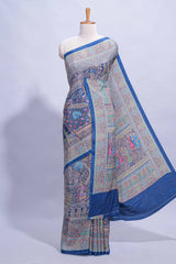 Royal blue mughal printed marsh mellow saree with self border and self printed pallu along with matching blouse