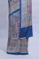 Royal blue mughal printed marsh mellow saree with self border and self printed pallu along with matching blouse