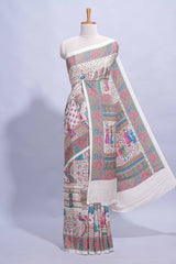 Ivory colour mughal printed marsh mellow saree with self border and self printed pallu along with matching blouse