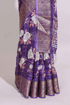 Violet checked floral design marsh mellow saree with self zari border and matching blouse