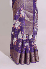 Violet checked floral design marsh mellow saree with self zari border and matching blouse