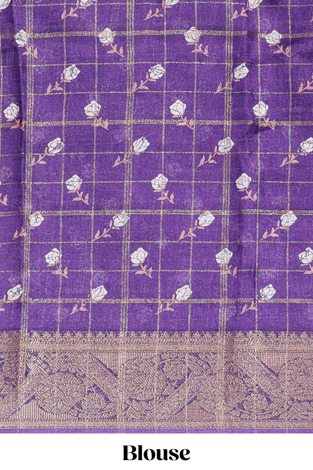 Violet checked floral design marsh mellow saree with self zari border and matching blouse