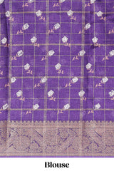 Violet checked floral design marsh mellow saree with self zari border and matching blouse