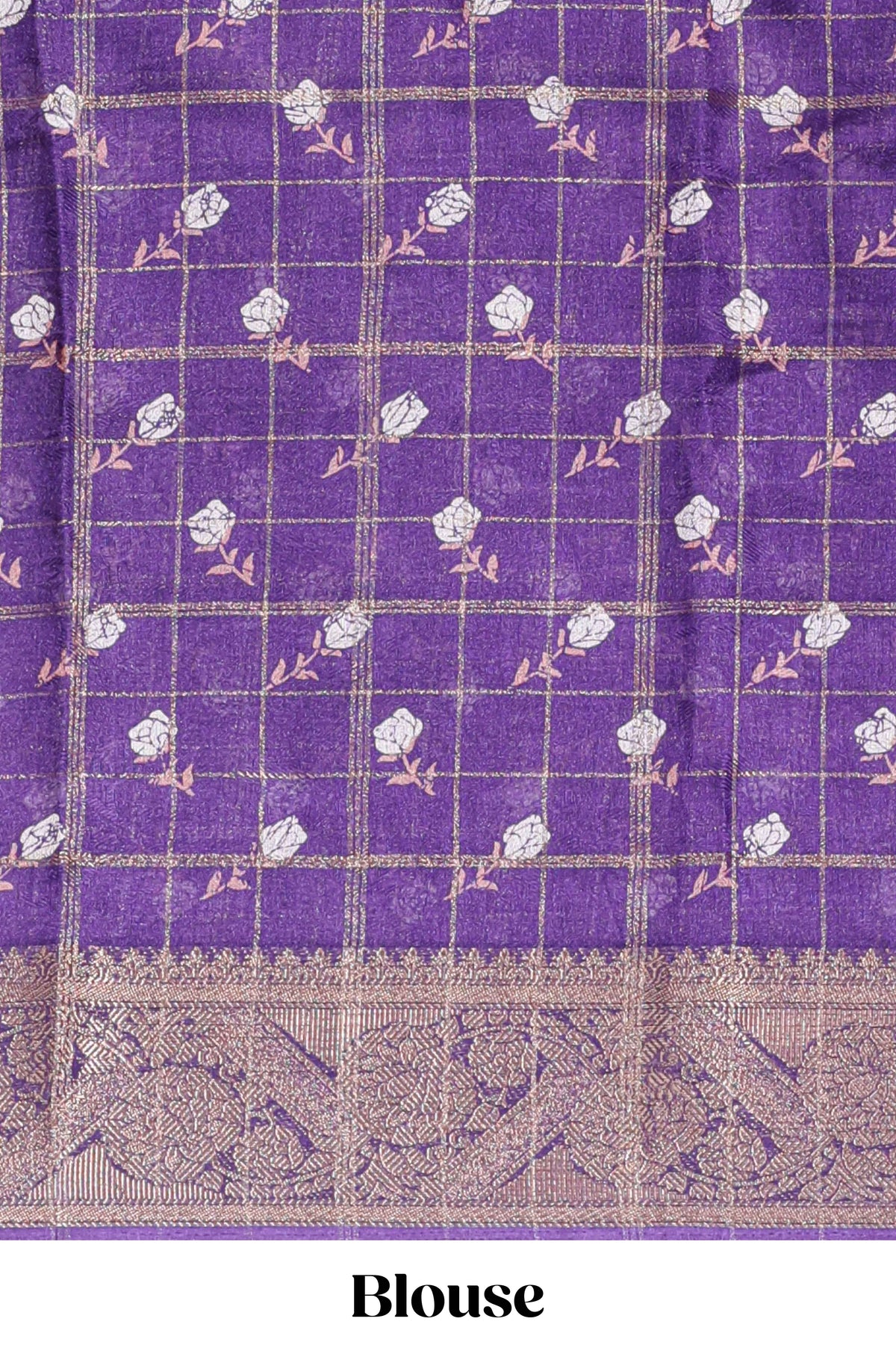 Violet checked floral design marsh mellow saree with self zari border and matching blouse