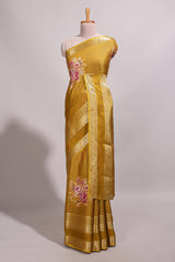 Mustard striped floral design marsh mellow saree with self zari border and matching printed blouse