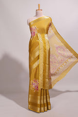 Mustard striped floral design marsh mellow saree with self zari border and matching printed blouse