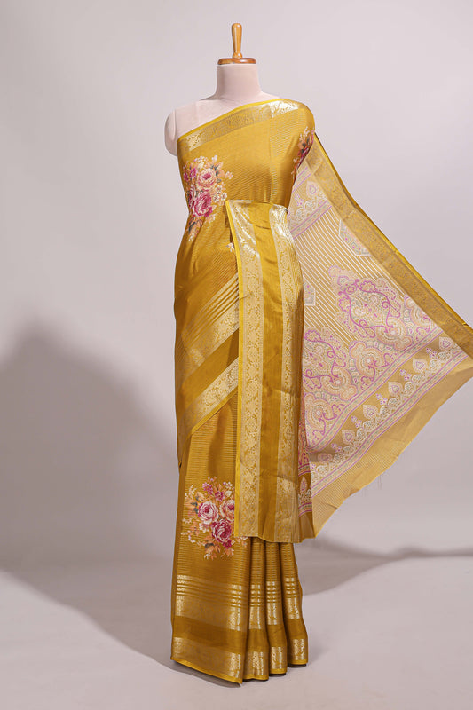 Mustard striped floral design marsh mellow saree with self zari border and matching printed blouse
