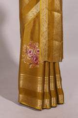Mustard striped floral design marsh mellow saree with self zari border and matching printed blouse