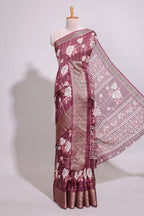 Maroon checked floral design marsh mellow saree with self zari border and matching blouse