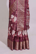 Maroon checked floral design marsh mellow saree with self zari border and matching blouse