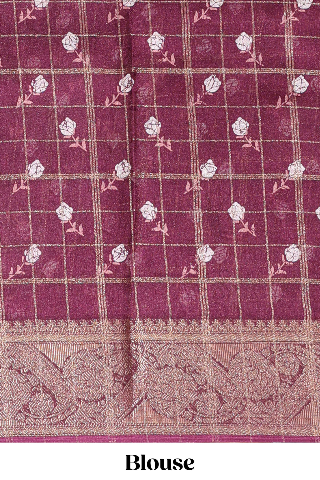 Maroon checked floral design marsh mellow saree with self zari border and matching blouse