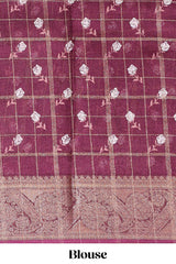 Maroon checked floral design marsh mellow saree with self zari border and matching blouse