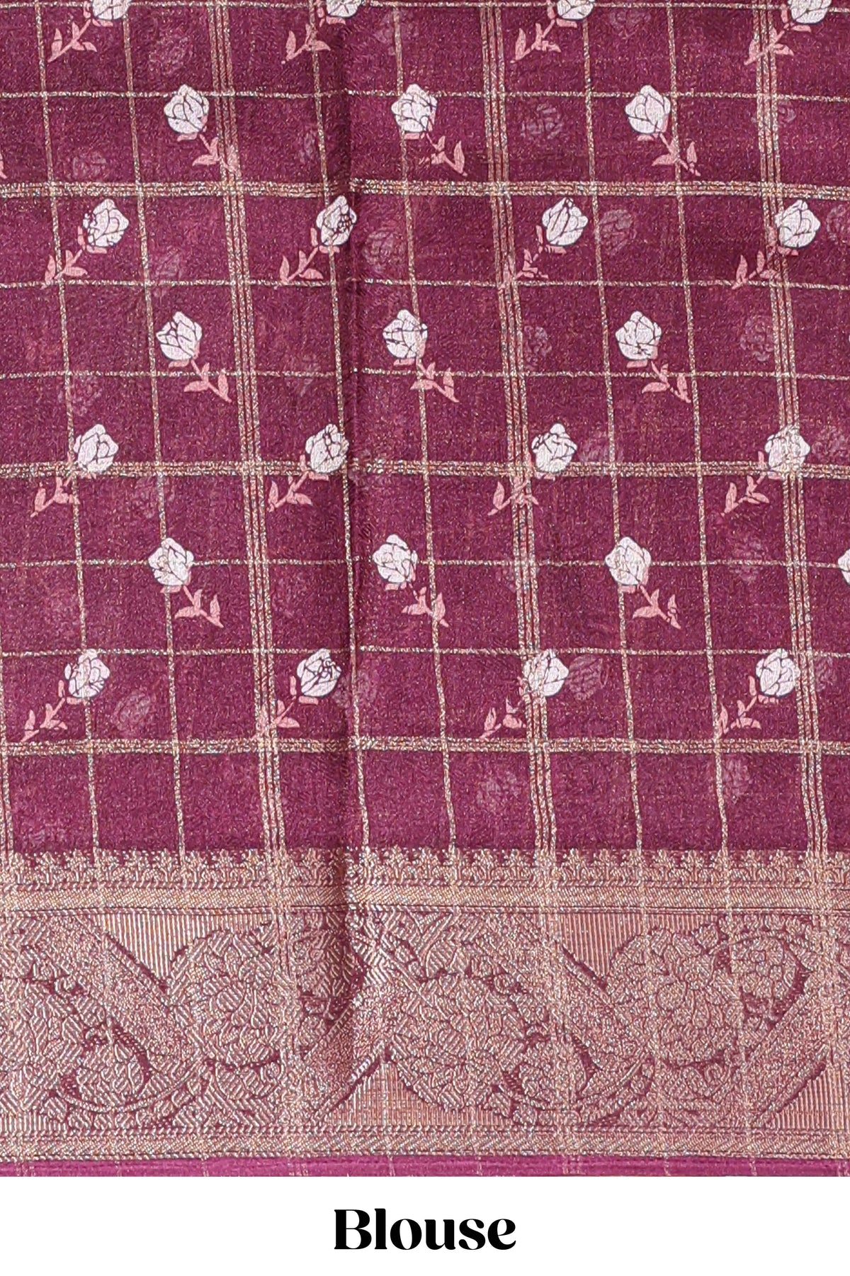 Maroon checked floral design marsh mellow saree with self zari border and matching blouse