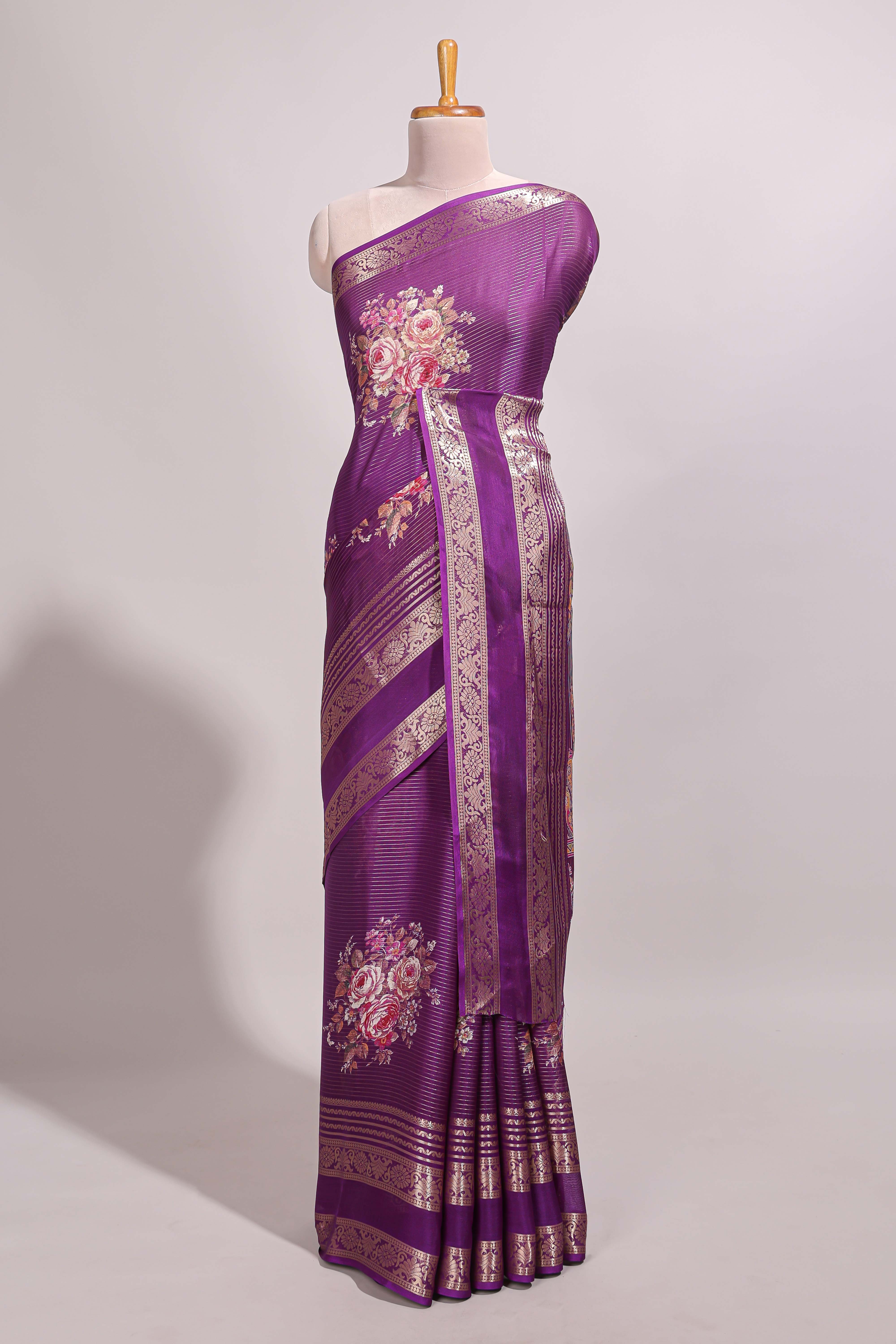 Purple striped floral design marsh mellow saree with self zari border and matching printed blouse