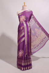 Purple striped floral design marsh mellow saree with self zari border and matching printed blouse