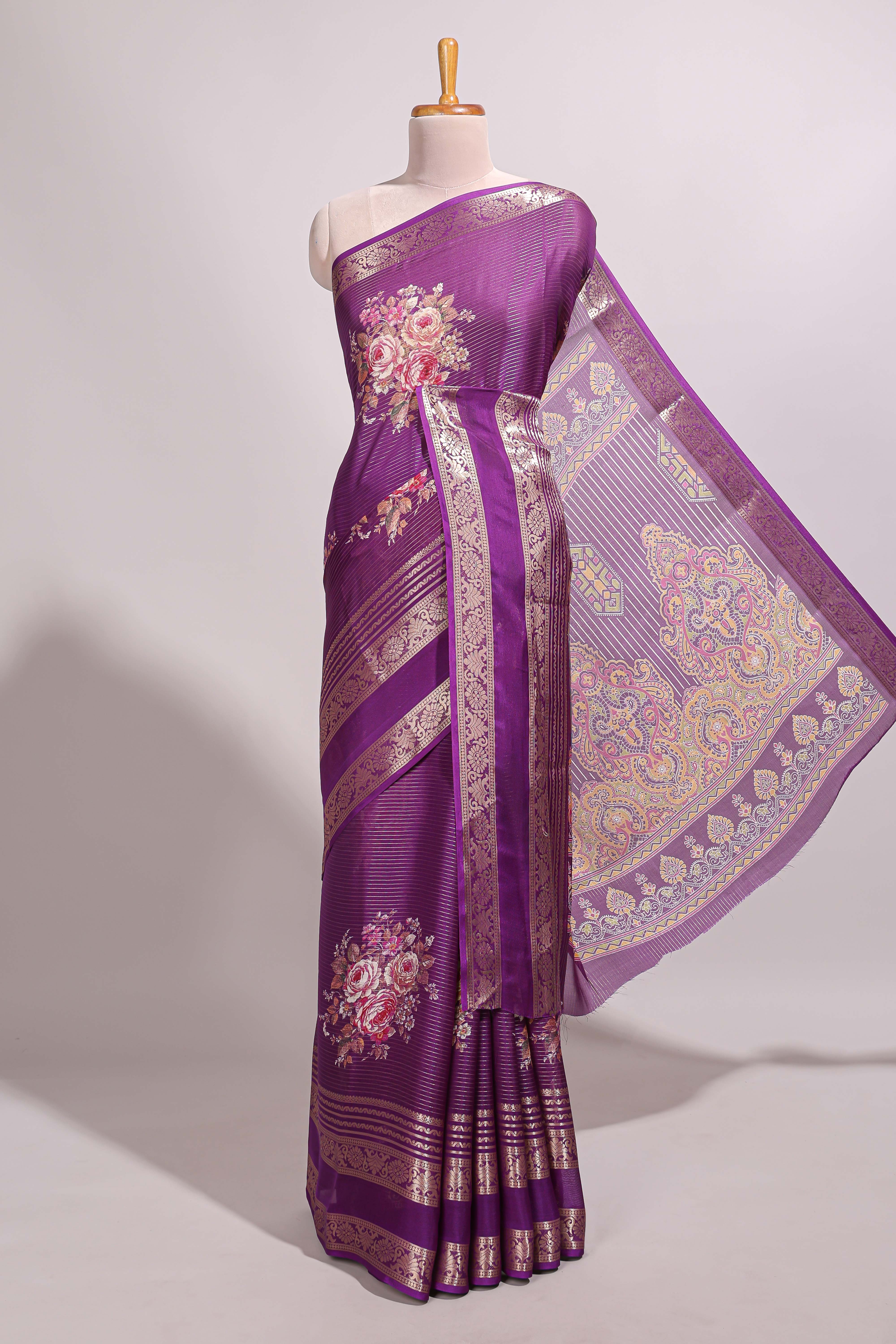 Purple striped floral design marsh mellow saree with self zari border and matching printed blouse