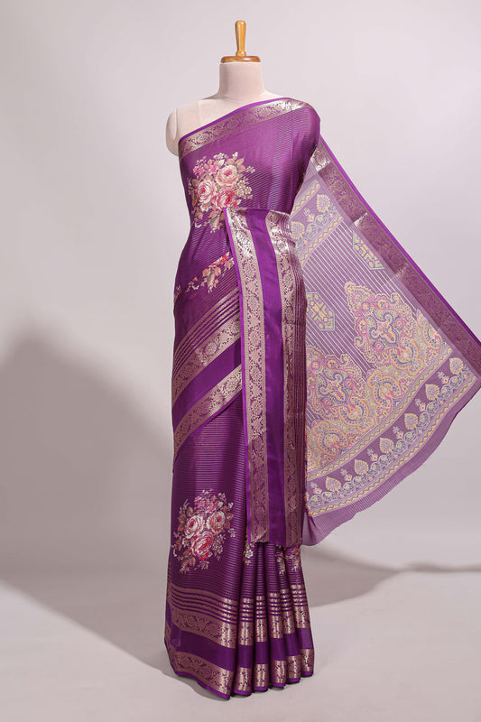 Purple striped floral design marsh mellow saree with self zari border and matching printed blouse