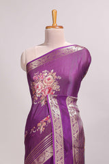 Purple striped floral design marsh mellow saree with self zari border and matching printed blouse