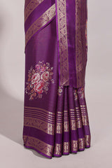 Purple striped floral design marsh mellow saree with self zari border and matching printed blouse
