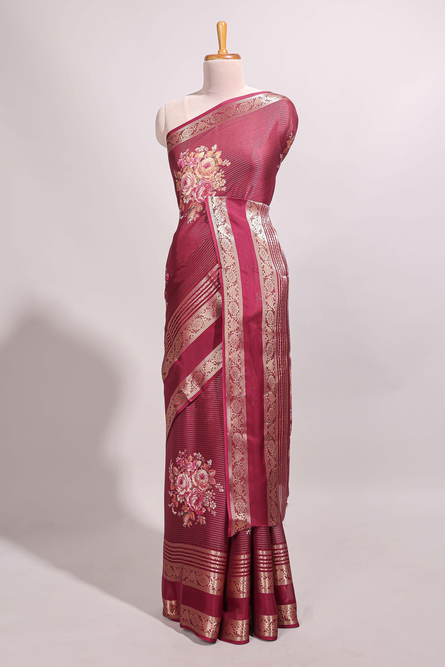Maroon striped floral design marsh mellow saree with self zari border and matching printed blouse