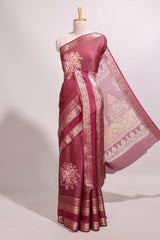 Maroon striped floral design marsh mellow saree with self zari border and matching printed blouse
