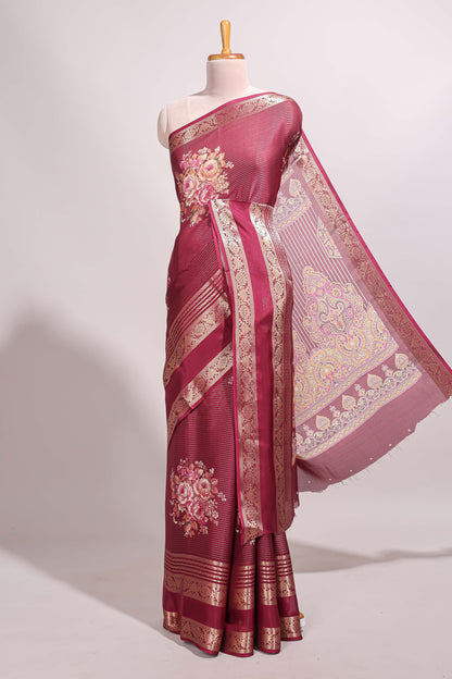 Maroon striped floral design marsh mellow saree with self zari border and matching printed blouse