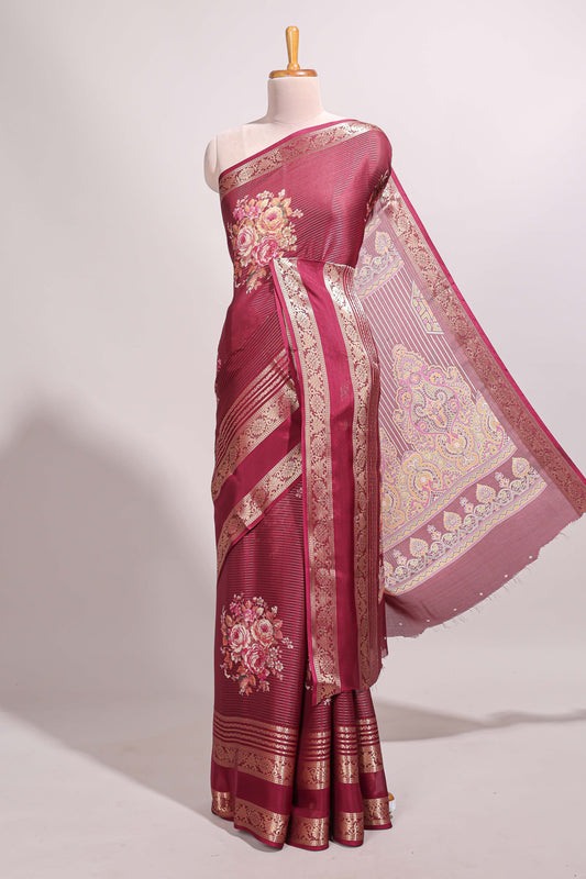 Maroon striped floral design marsh mellow saree with self zari border and matching printed blouse