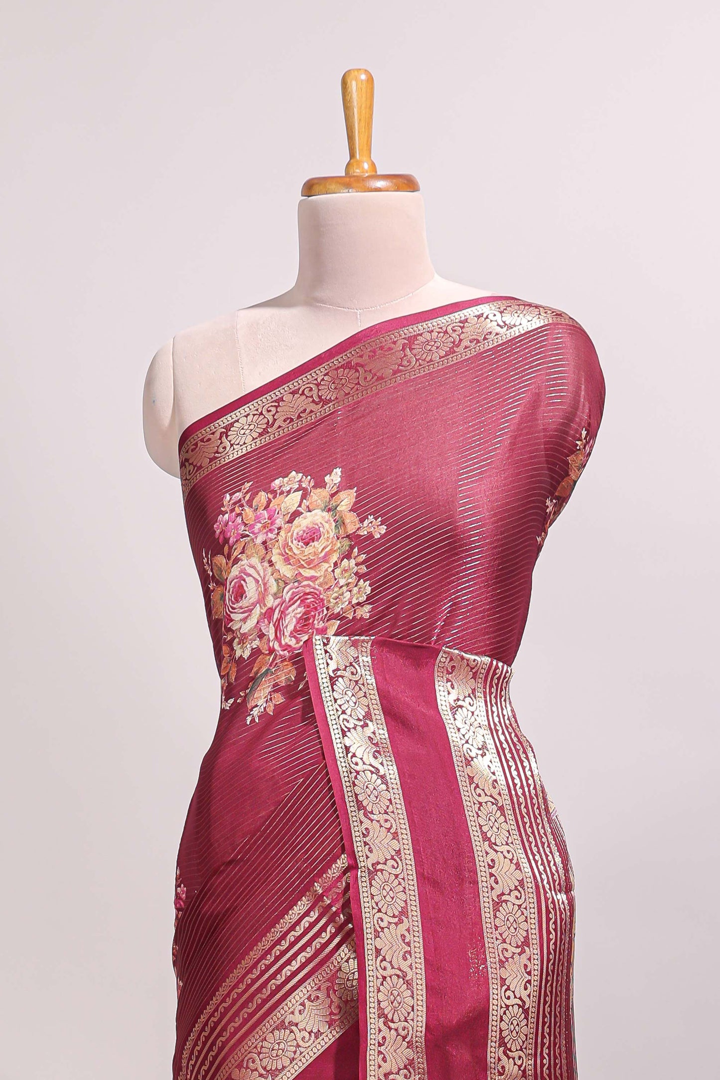Maroon striped floral design marsh mellow saree with self zari border and matching printed blouse