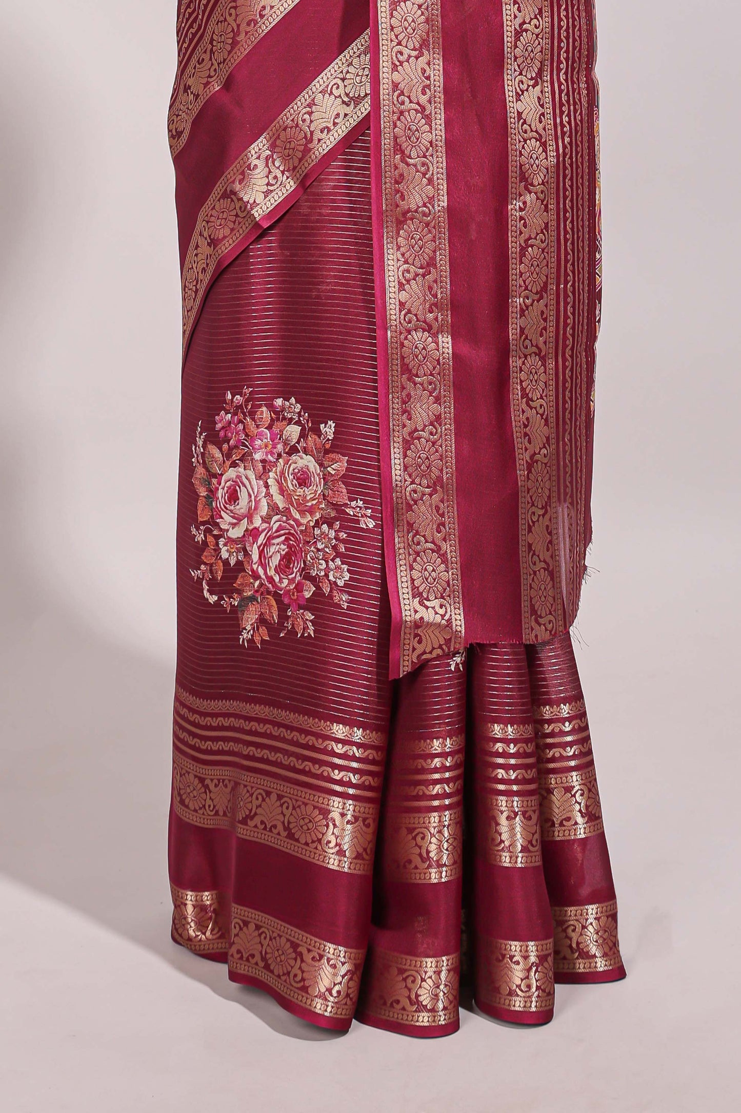 Maroon striped floral design marsh mellow saree with self zari border and matching printed blouse