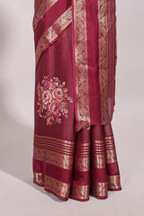 Maroon striped floral design marsh mellow saree with self zari border and matching printed blouse