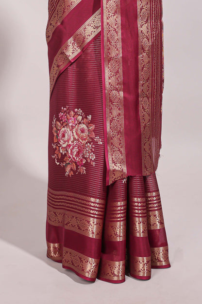 Maroon striped floral design marsh mellow saree with self zari border and matching printed blouse