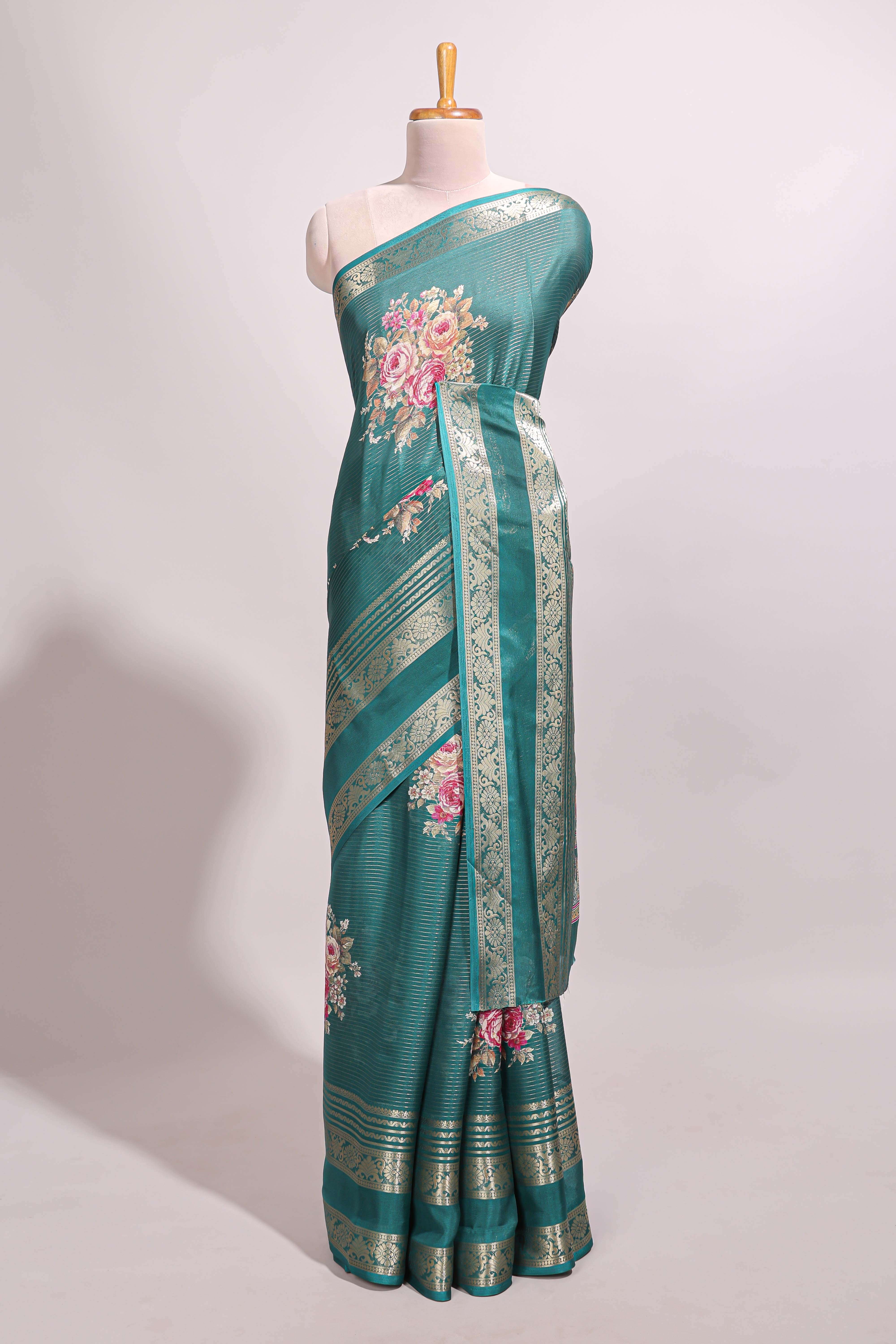Green striped floral design marsh mellow saree with self zari border and matching printed blouse