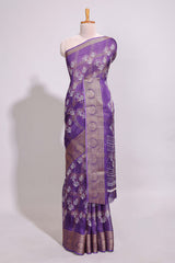 Purple checked floral design marsh mellow saree with self zari border and matching blouse