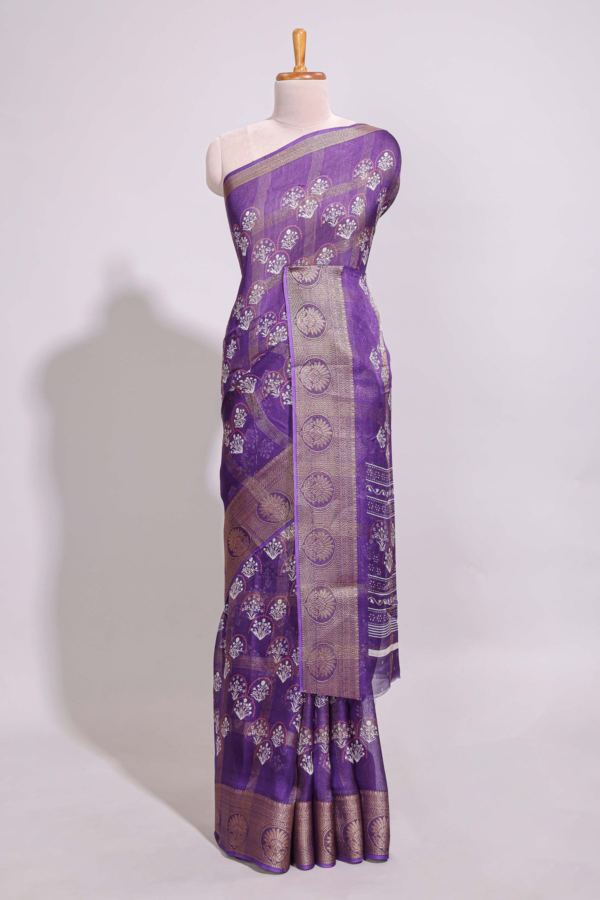 Purple checked floral design marsh mellow saree with self zari border and matching blouse