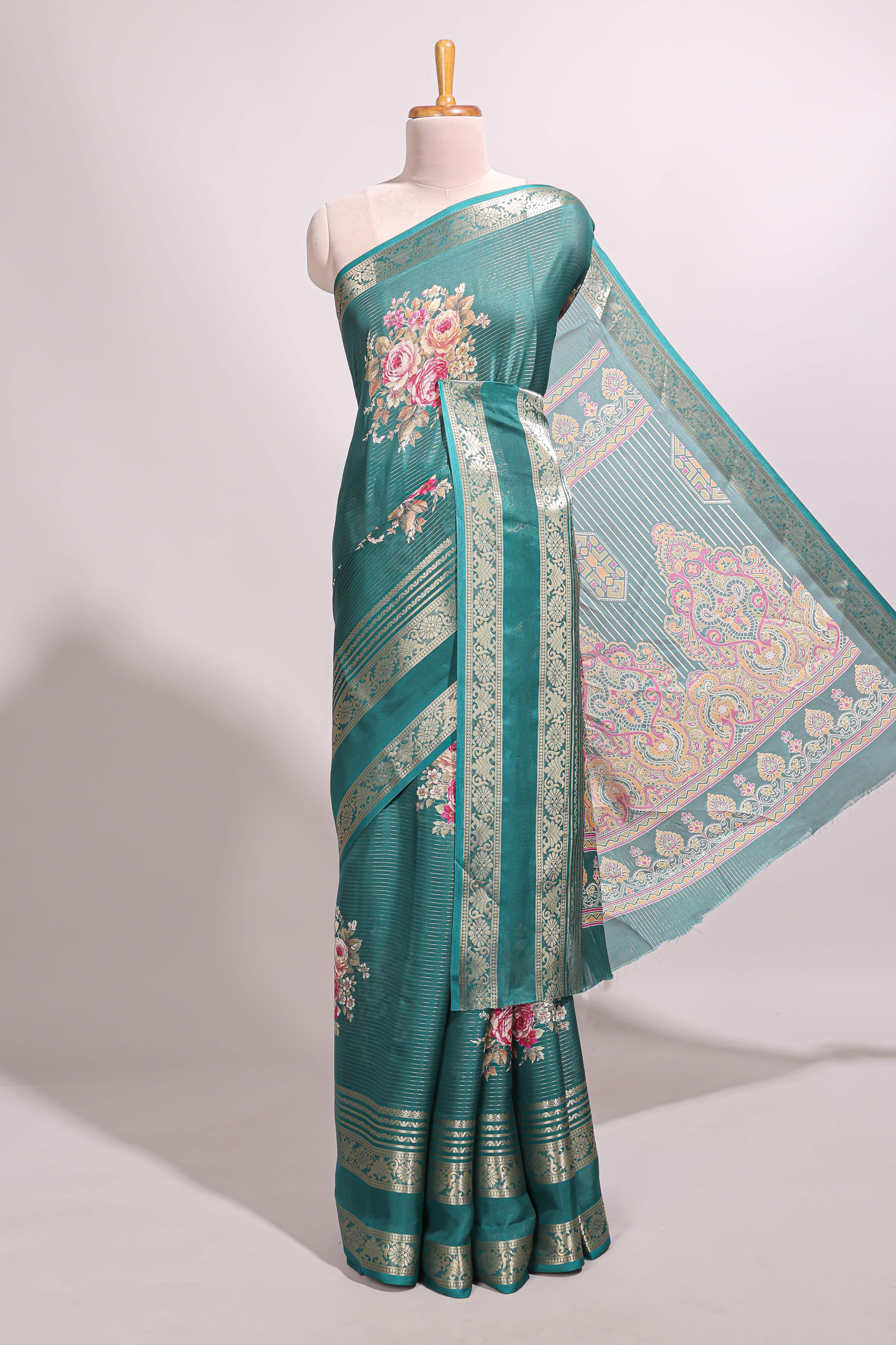 Green striped floral design marsh mellow saree with self zari border and matching printed blouse