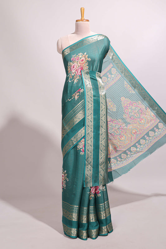 Green striped floral design marsh mellow saree with self zari border and matching printed blouse