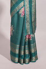 Green striped floral design marsh mellow saree with self zari border and matching printed blouse