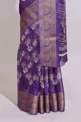 Purple checked floral design marsh mellow saree with self zari border and matching blouse
