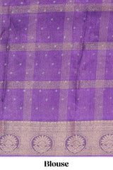 Purple checked floral design marsh mellow saree with self zari border and matching blouse