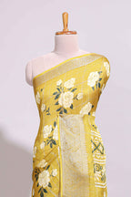 Yellow checked floral design marsh mellow saree with self zari border and matching blouse